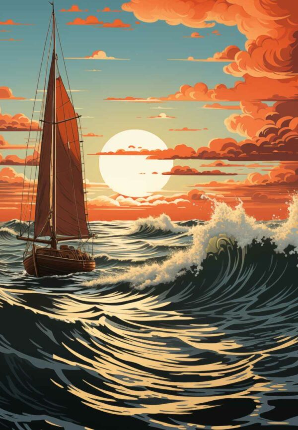 Linocut Sailboat on Ocean Digital Art